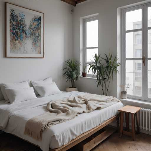 The image showcases a cozy bedroom with a low wooden bed, crisp white bedding, and a soft beige throw. Two potted plants flank the window, while an abstract painting hangs above the bed. The room's style is minimalist and serene, with a focus on natural light and a calming color palette.