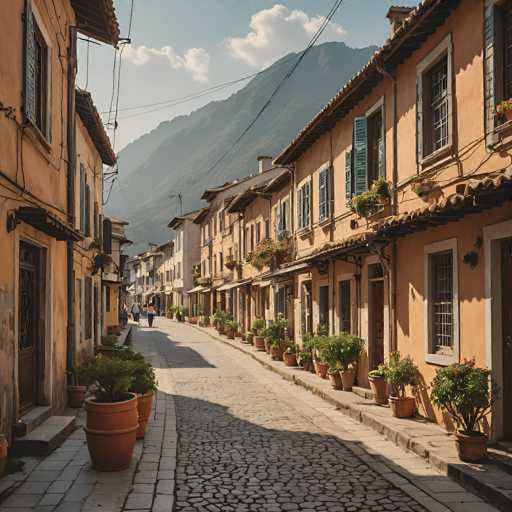 This image captures a charming, narrow cobblestone street in a quaint village, likely in a mountainous region. Old, ochre-colored buildings line the street on either side, adorned with potted plants and window boxes. People stroll down the cobblestone path, framed by towering mountains in the background. The art style is realistic, emphasizing warm, natural light and a sense of peaceful atmosphere.