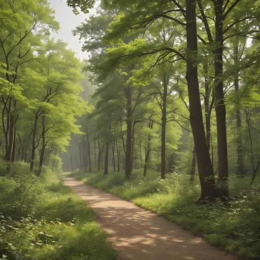 A sun-dappled path winds through a lush, misty forest, dominated by tall, green trees. The scene evokes a serene, slightly ethereal atmosphere with soft light filtering through the foliage and a gentle haze. The focus is on the path's perspective, drawing the viewer into the tranquil woodland.
