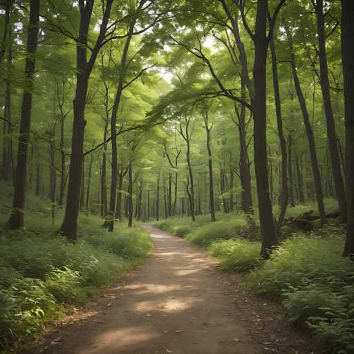 The image depicts a sun-dappled path winding through a lush, green forest. Tall, slender trees create a tunnel of foliage, with sunlight filtering down to illuminate the path. The spatial relationship is one of depth, drawing the viewer into the serene woodland scene with a soft, slightly ethereal light. The art style is impressionistic, emphasizing light and atmosphere over sharp detail.