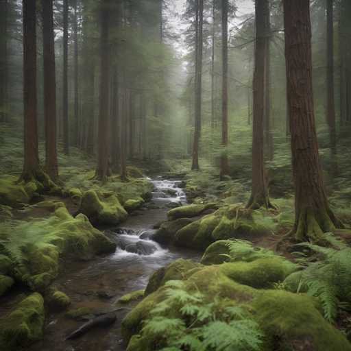A serene, misty forest scene dominates the image, showcasing moss-covered trees and a gently flowing stream. The spatial relationship emphasizes depth with layers of foliage receding into the fog, creating a tranquil and slightly mysterious atmosphere. The art style is atmospheric and painterly, focusing on soft light and muted tones to evoke a sense of calm.