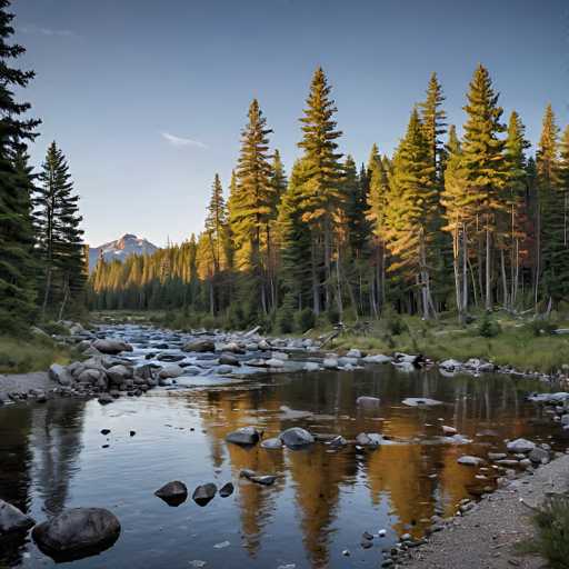 A serene mountain river flows through a lush, sun-drenched forest, with tall evergreen trees lining the banks and smooth, colorful rocks scattered in the clear water. The scene is bathed in warm light, likely at golden hour, creating a peaceful and picturesque landscape with a focus on natural beauty.