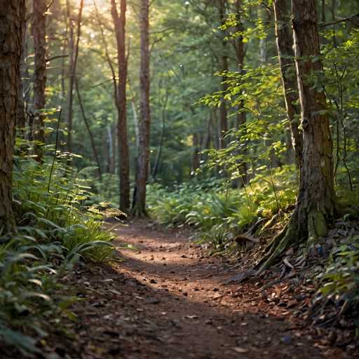 A sun-drenched path winds through a lush, sun-dappled forest. Tall tree trunks frame the path on either side, with ferns and foliage lining the edges. The warm sunlight filters through the canopy, creating a serene and slightly mysterious atmosphere. The focus is soft, drawing the viewer into the path's depth.