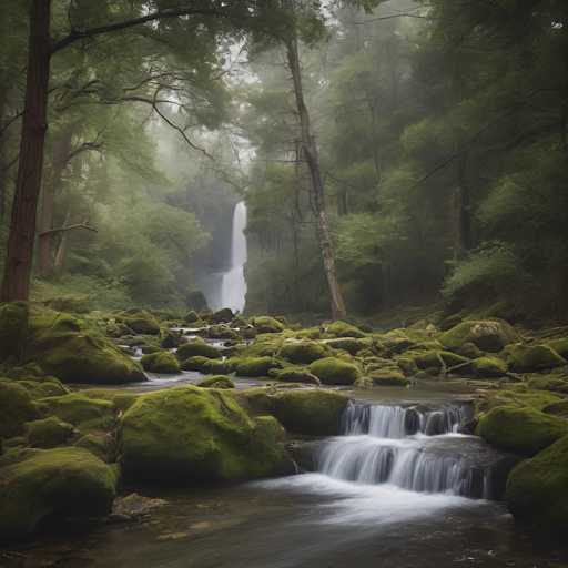 A serene, misty forest scene captures a cascading waterfall flowing over moss-covered rocks. Tall, lush trees frame the view, with a soft, ethereal light filtering through the fog. The spatial relationship emphasizes depth, drawing the viewer into this tranquil, natural landscape with a dreamy, atmospheric art style.