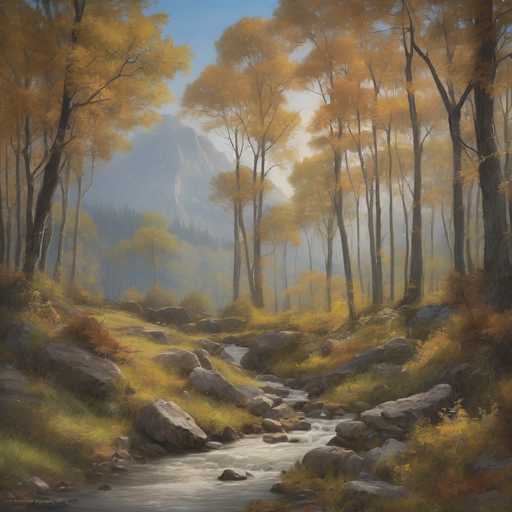 A serene autumn scene unfolds in a painterly style, showcasing a flowing stream winding through golden-leaved trees. Large, moss-covered rocks dot the path, leading towards a distant, hazy mountain peak under a bright sky. The soft lighting and muted colors evoke a tranquil, autumnal atmosphere.