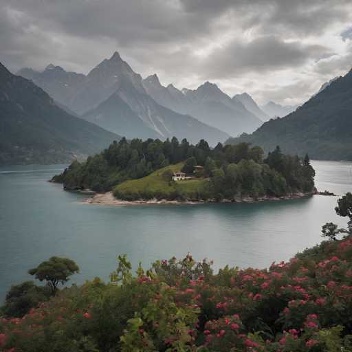 A serene, slightly overcast landscape captures a tranquil lake nestled amidst towering, mist-shrouded mountains. A lush, green island with a small house sits in the center, surrounded by vibrant pink flowers in the foreground. The scene evokes a peaceful, slightly melancholic atmosphere with its soft, muted tones and atmospheric perspective.