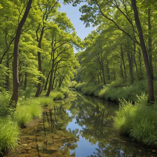The image captures a serene, sun-dappled forest scene with a narrow stream flowing through. Lush green trees line the banks, their reflections shimmering on the calm water's surface. The spatial relationship is one of depth, drawing the viewer into the tranquil, shaded environment with a clear focus on the natural beauty. The art style is realistic and peaceful, emphasizing the vibrant colors of spring.
