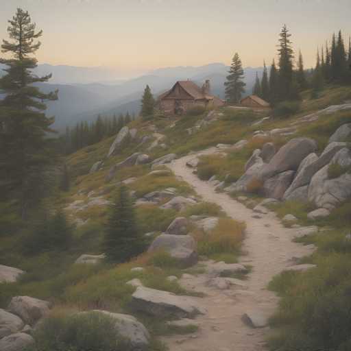 A tranquil mountain scene unfolds with a rustic cabin nestled amidst rocky terrain and a winding path. Soft, hazy sunlight bathes the landscape in warm hues, with distant mountains fading into a muted blue. The art style is painterly, emphasizing atmospheric perspective and a sense of serene isolation.