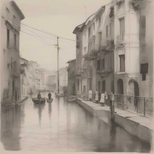 This grayscale sketch depicts a serene canal scene in a European town, likely Venice. The main subjects are buildings lining the waterway and a small boat with people navigating it. The spatial relationship shows buildings closely bordering the canal, creating a sense of enclosure and tranquility. The art style is a soft pencil sketch with visible brushstrokes, emphasizing light and shadow for a gentle atmosphere.