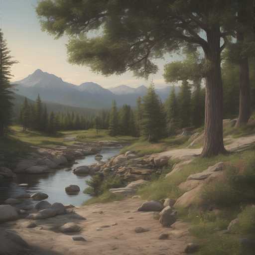 A serene, painterly landscape depicts a flowing river winding through a lush valley. Tall pine trees line the banks, with distant, majestic mountains forming a hazy backdrop under a soft, warm light. A path meanders alongside the river, inviting exploration in this tranquil scene. The art style is reminiscent of a digital painting with a focus on atmospheric perspective and soft lighting.