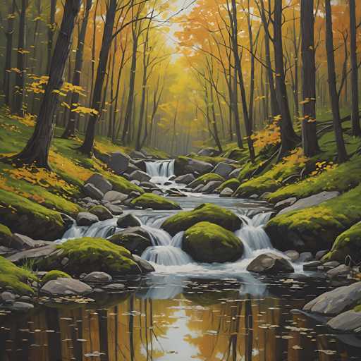 A serene autumn stream winds through a forest, sunlight dappling the mossy rocks and vibrant fall foliage. Tall, slender trees line the banks, their reflections shimmering on the calm water's surface. The scene is rendered in a painterly style with soft, warm colors and a focus on atmospheric depth.