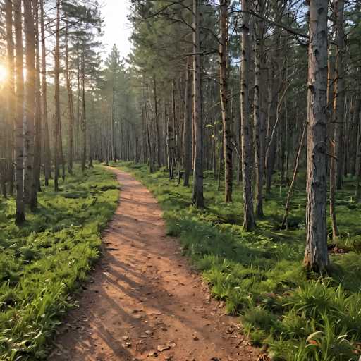 A sun-drenched path winds through a dense forest of tall, slender pine trees. The warm sunlight filters through the canopy, casting long shadows on the mossy ground and creating a serene, slightly ethereal atmosphere. The path invites exploration, leading deeper into the tranquil woods.