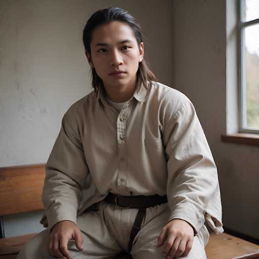 A young person with long, dark hair sits on a wooden bench in a dimly lit room. They wear a light beige, loose-fitting shirt and pants, cinched with a brown belt. The background is plain, with a window providing a soft light source. The overall style is simple and somewhat muted, focusing on the subject's direct gaze.