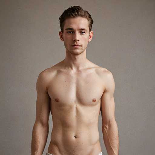 A shirtless, fair-skinned man with short, styled brown hair stands centrally against a muted gray backdrop. His physique is toned and his gaze is direct, creating a straightforward portrait with a clean, minimalist aesthetic. The lighting is soft and even, emphasizing his muscular build.