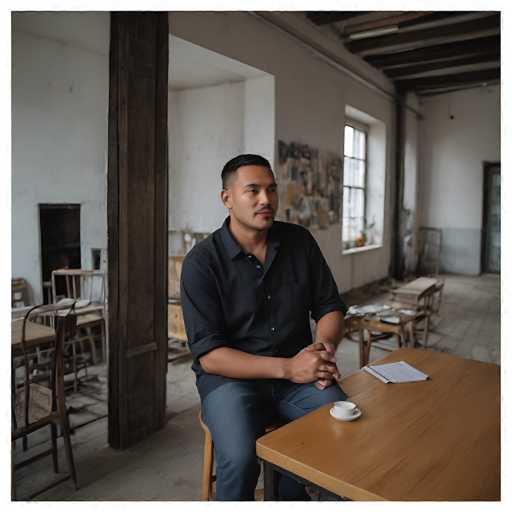 A man sits at a wooden table in a spacious, slightly industrial-looking room. He's dressed casually and looks thoughtful, with his hands clasped. The background features empty chairs, a window with a collage on the wall, and exposed beams, creating a simple yet intimate setting. The lighting is soft, emphasizing the man's contemplative expression.