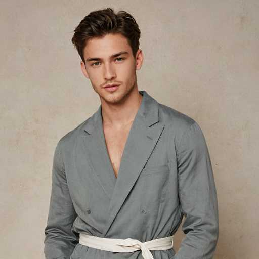 A stylish man models a light grey, double-breasted robe with a white belt against a textured beige backdrop. He's positioned centrally, looking directly at the viewer with a relaxed yet confident expression. The lighting is soft and even, emphasizing the robe's texture and the model's features.