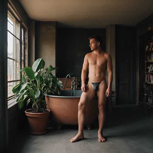 A shirtless man stands barefoot in a dimly lit, vintage bathroom, gazing out of a large window. A rustic, terracotta bathtub sits beside him, flanked by lush potted plants. The scene evokes a moody, intimate atmosphere with a focus on natural light and shadows, reminiscent of a fashion editorial.