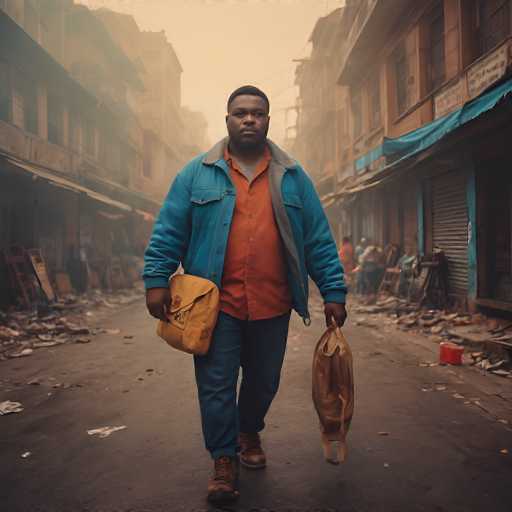 A man in a blue jacket and orange shirt walks down a cluttered, dusty street. He carries two bags, one yellow, one brown, and looks directly at the viewer with a serious expression. The scene is bathed in a hazy, muted light, suggesting an urban, possibly impoverished setting with blurred buildings lining the narrow path.