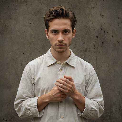 A young man with tousled brown hair and intense eyes is centrally positioned against a textured gray wall. He wears a light-colored, slightly rumpled button-down shirt and his hands are clasped in front of him. The lighting is soft, creating a focused portrait with a raw, intimate feel.