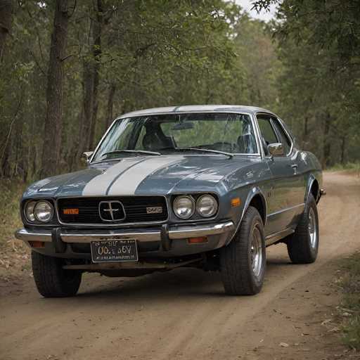 A classic, teal and white 1976 Ford Mustang Mach 1 dominates a dirt road flanked by trees. The car is angled towards the viewer, showcasing its front end with a bold white racing stripe and chrome details. The scene is captured in a slightly low-angle, naturalistic style, emphasizing the car's vintage charm and the rustic outdoor setting.