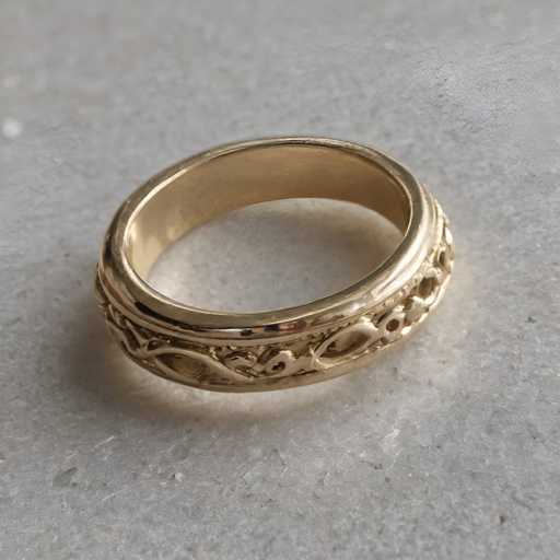 A golden ring with an intricate, openwork design is centered on a textured gray surface. The ring's ornate pattern features scrolling floral motifs, showcasing a detailed, antique-inspired style with a focus on craftsmanship. The ring's polished surface reflects light, highlighting its three-dimensional form.