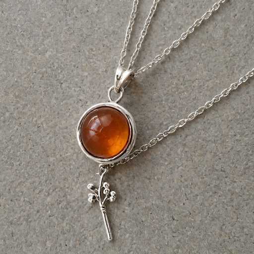 A delicate silver pendant necklace features a round amber stone at the top, suspended from a floral-shaped silver bail. A thin silver chain hangs below, creating a graceful, organic design. The style is minimalist and elegant, highlighting the natural beauty of the amber.