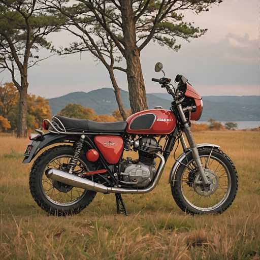A classic red and black Moto Guzzi motorcycle stands in a sun-drenched field of tall, dry grass. Two mature trees frame the scene on either side, with a hazy mountain range in the background under a soft, dusky sky. The image has a vintage, slightly nostalgic aesthetic with its warm lighting and focus on the motorcycle's detailed design.
