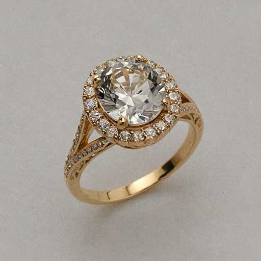 A stunning gold ring with a prominent cushion-cut diamond takes center stage, surrounded by smaller diamonds in a detailed, ornate setting. The ring's design features intricate scrollwork and a halo of smaller diamonds, showcasing a classic vintage-inspired style with a focus on the central gemstone's brilliance.