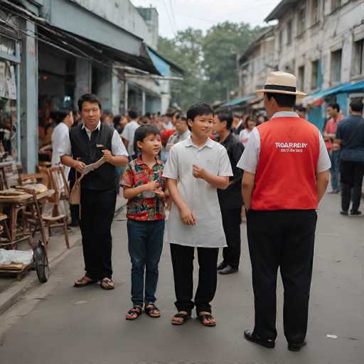 A group of people, including two young boys and a man in a red vest, are walking on a narrow street lined with shops. The focus is on the interaction between the man in the red vest and the two boys, who appear to be receiving directions. The scene is captured with a candid, documentary-style photography, emphasizing the everyday activity of a bustling street.