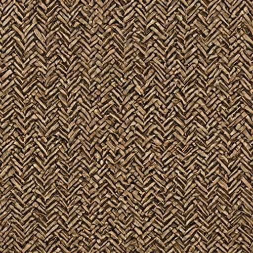 The image displays a close-up of a woven, textured surface, likely made of natural fibers like straw or rattan. The pattern is a repeating herringbone design with interwoven strips, creating a tactile and organic feel. The lighting highlights the intricate texture, suggesting a rustic or handcrafted aesthetic.