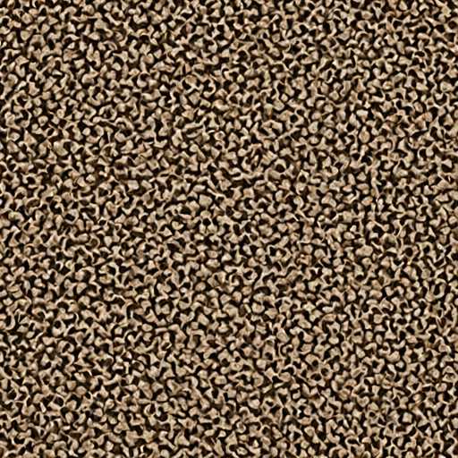 The image displays a close-up of a textured surface, likely a woven material like carpet or fabric. Numerous small, interconnected, organic-looking shapes create a dense, repeating pattern of light and dark brown. The spatial relationship is one of close proximity, with the elements tightly packed together, resulting in a visually busy and tactile texture. The style is abstract and organic, emphasizing pattern and repetition rather than distinct forms.