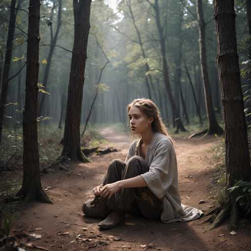 A lone woman with braided blonde hair sits in a serene forest clearing, her gaze directed into the misty distance. She wears a light, flowing tunic and dark pants, nestled on a dirt path flanked by tall, moss-covered trees. The soft lighting and atmospheric perspective evoke a dreamy, ethereal fantasy style.