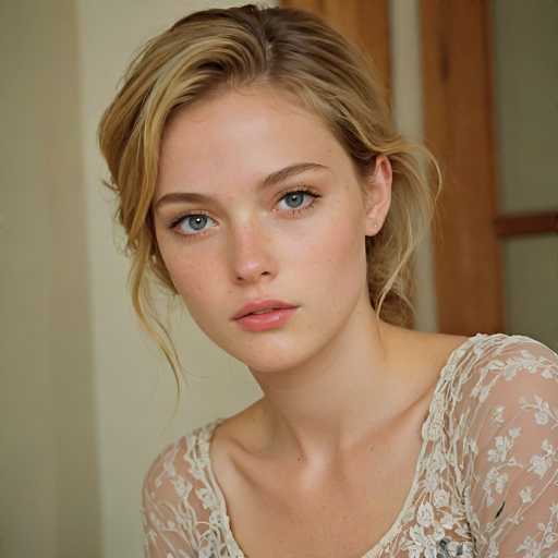 A young woman with fair skin and striking blue eyes is the central focus, positioned in a close-up portrait. She wears a delicate, sheer lace top and has softly tousled blonde hair. The background is simple, with a muted beige wall providing a soft contrast to her features. The lighting is natural and flattering, emphasizing her gentle expression.