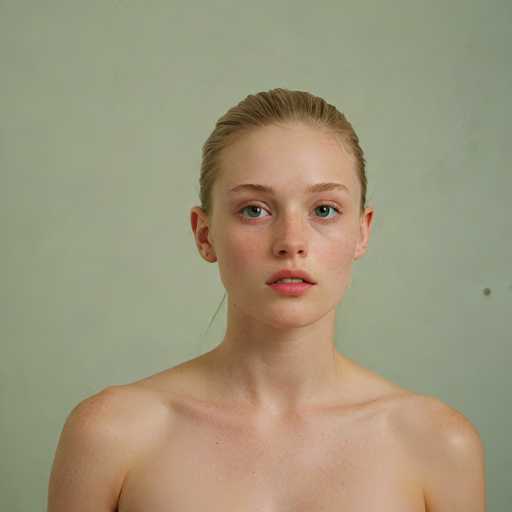 A close-up portrait features a young, fair-skinned woman with blonde hair pulled back. Her expression is direct and serene, her gaze meeting the viewer's. The soft, muted green backdrop emphasizes her natural features and delicate complexion. The lighting is even, highlighting the texture of her skin.