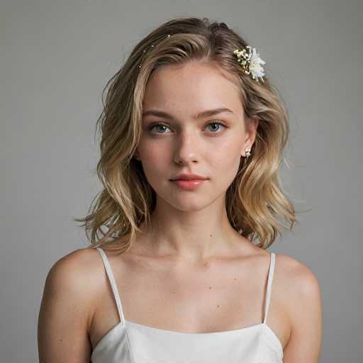 A young woman with fair skin and blonde, wavy hair is centrally positioned in a close-up portrait. She wears a simple white dress and delicate floral hairpiece, looking directly at the viewer with a soft gaze. The background is a plain gray, emphasizing her serene and gentle expression. The lighting is even, creating a soft, natural feel.