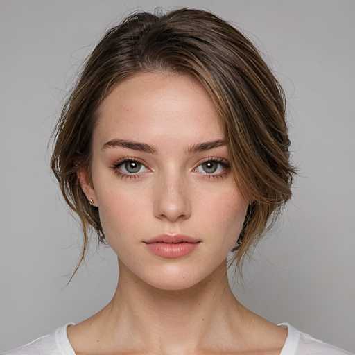 A close-up portrait features a young woman with light skin and soft, expressive eyes. Her shoulder-length, subtly textured brown hair frames her face, with a gentle, natural makeup application. The focus is solely on her face, creating an intimate and direct gaze. The art style is realistic, emphasizing natural lighting and a neutral background.