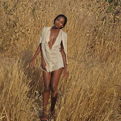 A woman with dark skin stands amidst tall, dry golden grass in a minimalist fashion shot. She wears a light-colored, open-front garment draped over her shoulders, with a deep neckline. The focus is on the woman's pose and the texture of the natural setting, creating a serene, fashion-forward aesthetic.