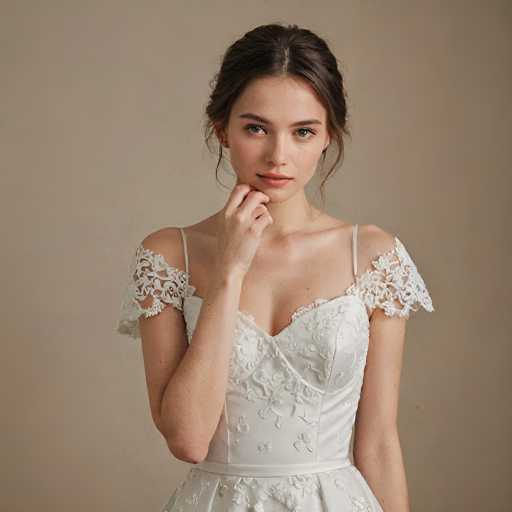 A young woman in a delicate white wedding gown with lace details is the central focus, her hand gently touching her chin. The soft, muted background emphasizes her elegant pose and the intricate texture of the dress. The lighting is soft and even, creating a serene, intimate portrait with a focus on the subject's gentle expression.