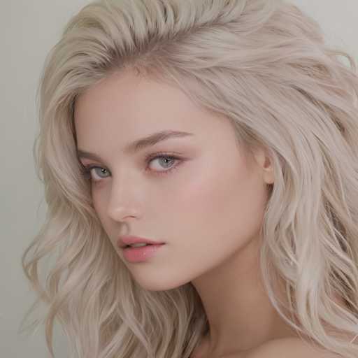 A close-up portrait features a young woman with voluminous, platinum blonde hair cascading around her face. Her soft gaze meets the viewer's, highlighting delicate makeup and a serene expression. The lighting is soft and even, emphasizing the model's features against a plain white backdrop, creating a clean, modern aesthetic.