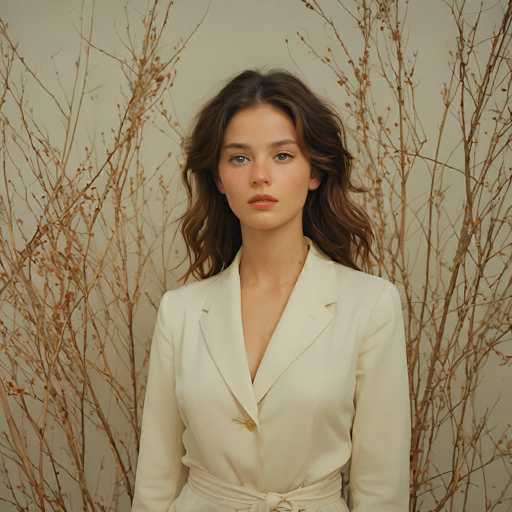 A young woman with wavy brown hair and a neutral expression is centrally positioned against a textured, beige backdrop of dried branches. She wears a cream-colored blazer with a tie belt. The lighting is soft, creating a serene and slightly vintage aesthetic.