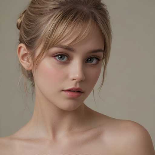 A young woman with fair skin and blonde hair styled in a soft updo is the central focus. She gazes directly at the viewer, her makeup subtly enhancing her features. The soft lighting and muted background create a gentle, intimate portrait with a focus on delicate beauty.