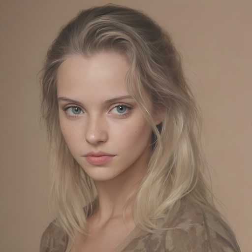 A young woman with striking light blue eyes and blonde, slightly tousled hair is the central focus of this portrait. She's positioned in a close-up, direct gaze, against a plain, warm beige backdrop. The art style is soft and realistic, emphasizing delicate lighting and skin texture, creating a gentle, intimate feel.