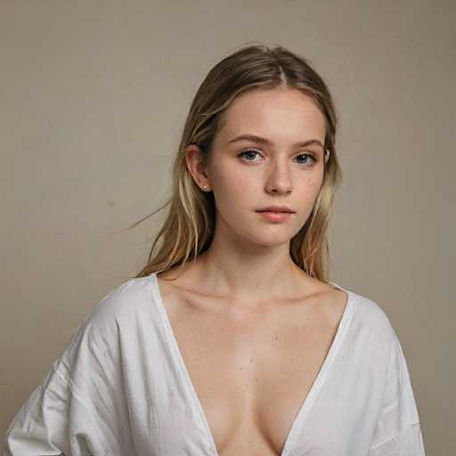 A young woman with long, wavy blonde hair and light eyes is the central focus of a close-up portrait. She wears a simple, white, open-necked shirt and gazes directly at the viewer with a neutral expression. The soft, muted background emphasizes her serene presence. The lighting is even, creating a calm and intimate atmosphere.