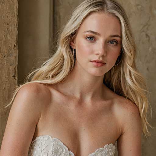 A young woman with long, flowing blonde hair and striking blue eyes is the central focus. She's wearing a delicate, strapless white lace top and gold hoop earrings. The background is a textured, muted beige wall, creating a soft, intimate portrait with a natural, slightly vintage aesthetic.