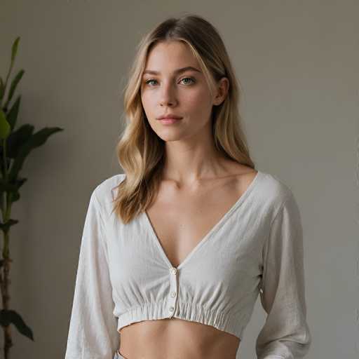 A young woman with long, wavy blonde hair and light eyes is the central focus of a close-up portrait. She wears a cream-colored, cropped, long-sleeved top with a v-neck and button detail. The background is a muted gray wall, and a lush green plant sits to the left, creating a soft, natural ambiance. The lighting is even and flattering, emphasizing her serene expression.