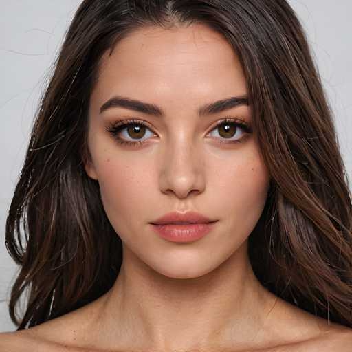 A close-up portrait showcases a young woman with long, wavy brown hair and striking brown eyes. She has a soft, natural makeup look emphasizing her features. The focus is entirely on her face, with a simple, clean white background creating a minimalist aesthetic. The lighting is soft and even, highlighting her delicate features.