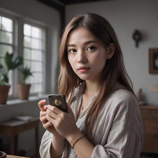 A young woman with long, light brown hair is centrally positioned, holding a smartphone with a patterned case. She gazes directly at the viewer with a soft expression. The background is softly blurred, focusing attention on her and the phone. The lighting is warm and natural, creating a gentle, intimate portrait with a slightly vintage aesthetic.