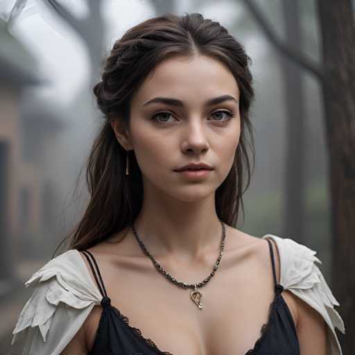 A young woman with long, wavy brown hair and delicate features gazes directly at the viewer. She wears a black lace top with white, ruffled shoulder details and a silver pendant necklace. The background is softly blurred, suggesting an outdoor setting with a muted, slightly hazy atmosphere. The art style leans towards a romantic, possibly fantasy-inspired aesthetic with soft lighting and a focus on the subject's expressive eyes.