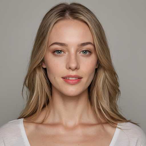A close-up portrait showcases a young woman with long, wavy blonde hair and light eyes. She's positioned centrally against a plain gray backdrop, her expression serene and direct. The lighting is soft and even, emphasizing her delicate features in a natural, unposed style.