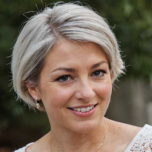A smiling woman with short, silver-blonde hair and delicate earrings is the central focus of this portrait. She's positioned in a close-up, looking directly at the viewer with a warm and engaging expression. The background is softly blurred, drawing attention to her face. The style is naturalistic and intimate, emphasizing the subject's friendly demeanor.